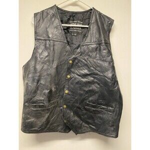 Mens Leather Biker Black Patchwork Vest Lined Sleeveless Pockets Snaps Size XL